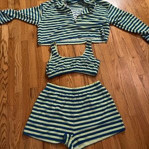 3 piece shorts/sweatshirt/and top set in striped neon green and blue.